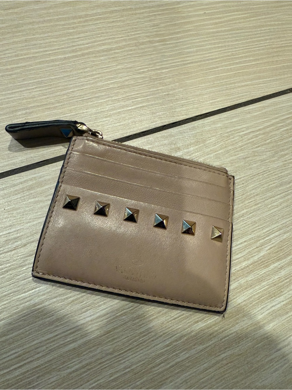 PRELOVED Valentino Stud-Accent Leather Card Wallet in Taupe